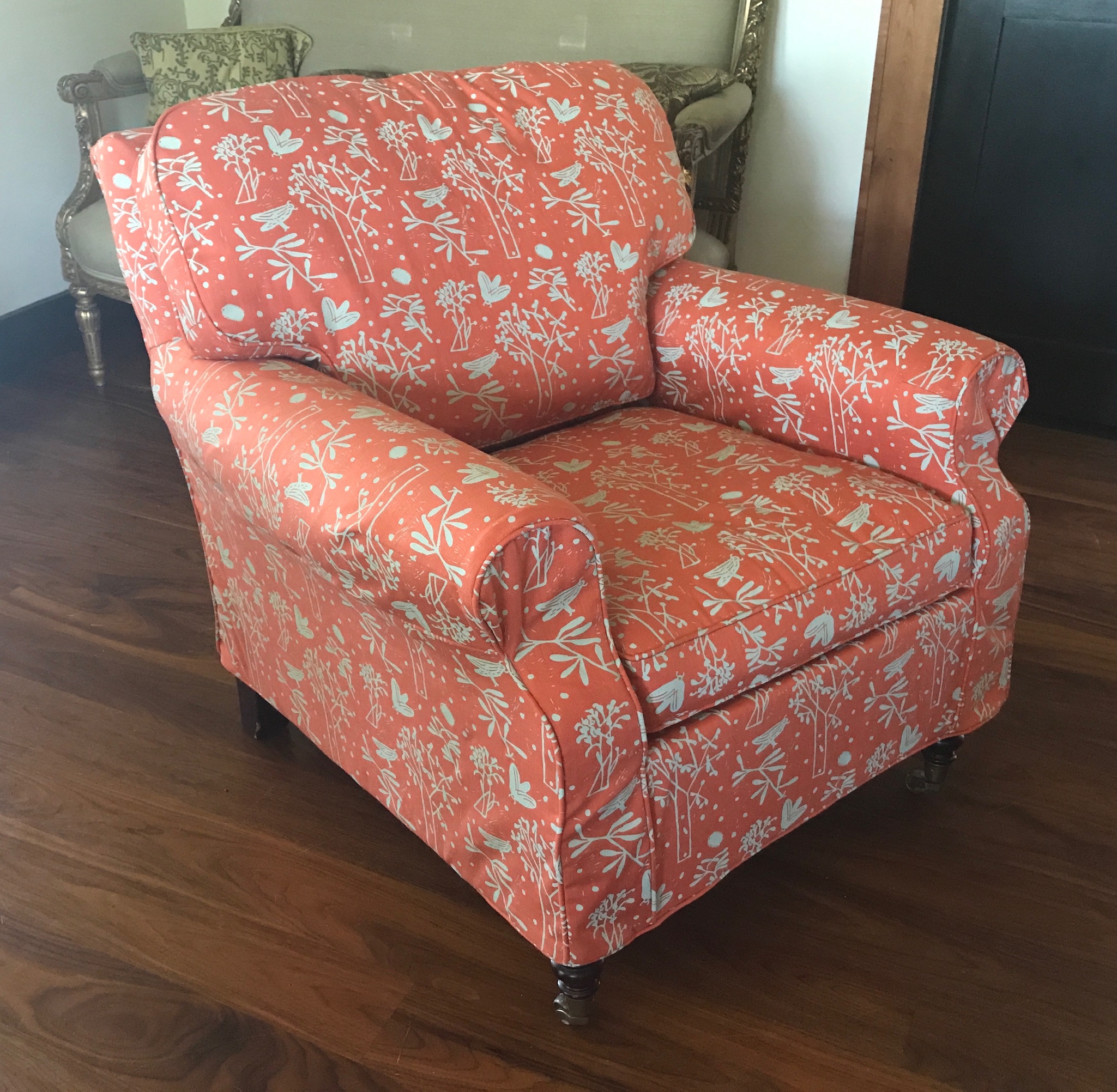 Slipcovered Orange Patterned Chair